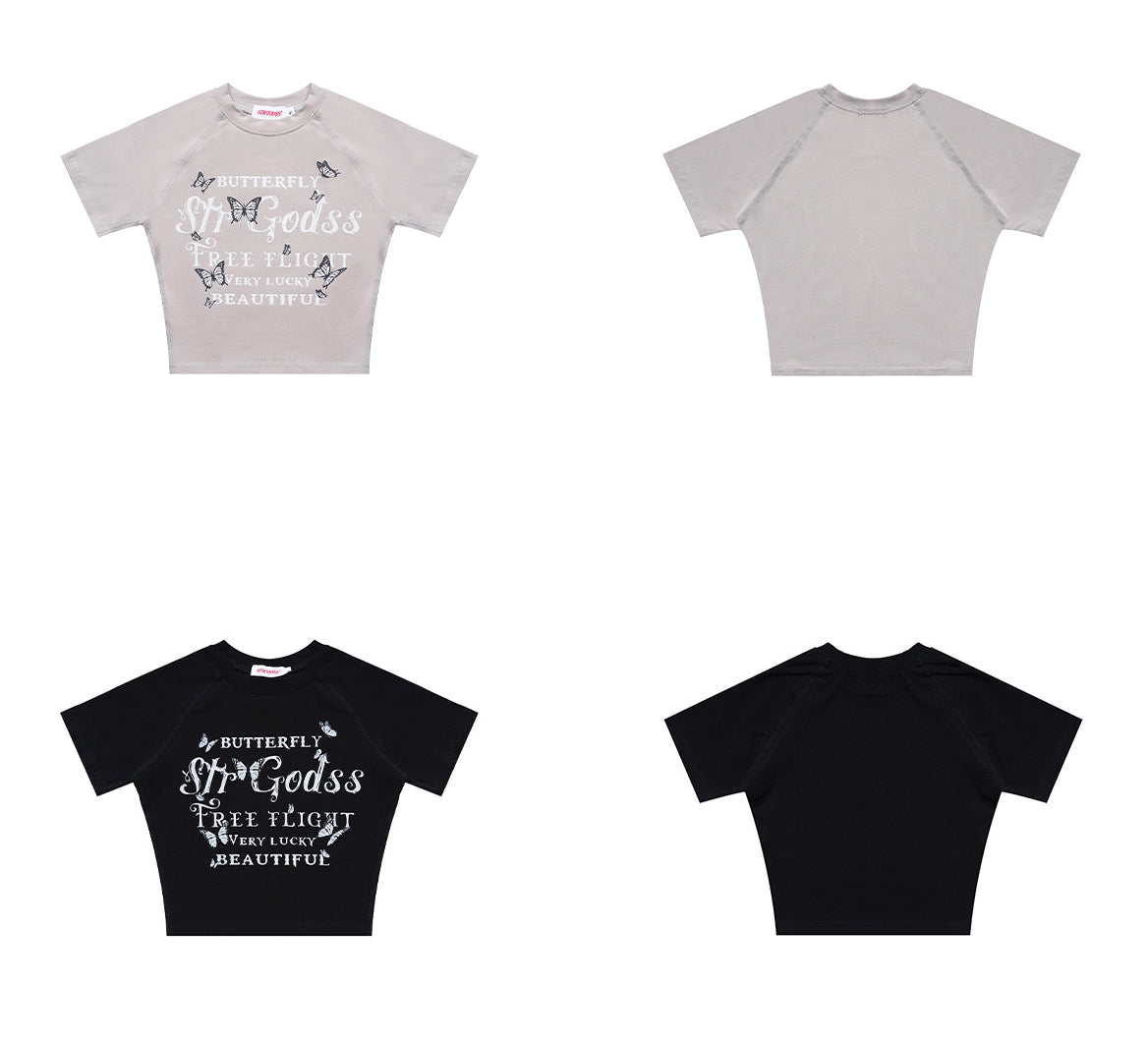 Vintage Butterfly Print Midriff Baring Short Sleeves T Shirts