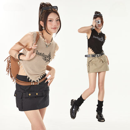 Vintage street Style Irregular Knitted Sleeveless T Shirts