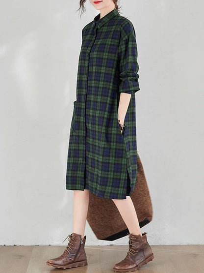 Original Plaid Lapel Shirt Dress-STYLEGOING
