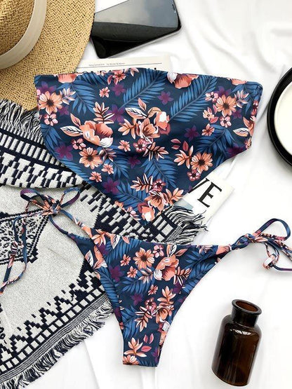New Floral Bandage Bandeau Tie Side Split Bikini-STYLEGOING