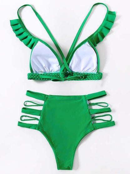 Green High-Waisted Hollow Bikini Swimwear-STYLEGOING