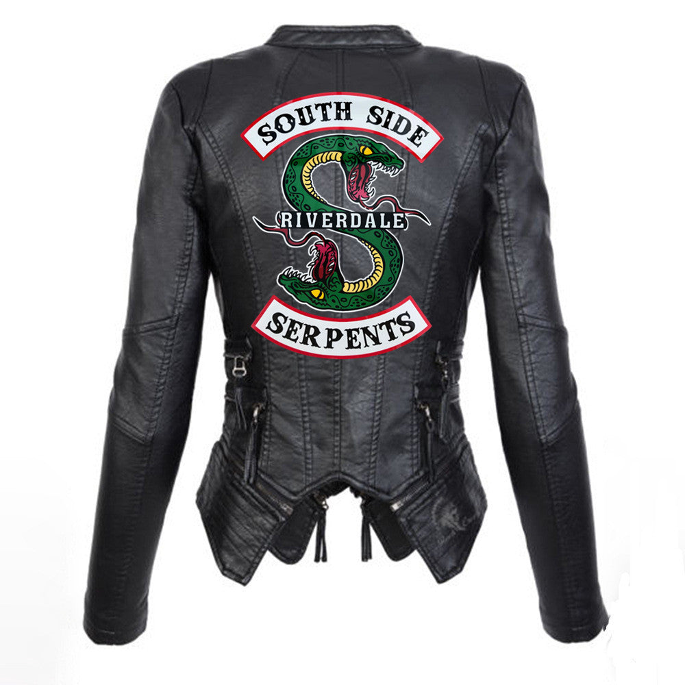 Women PU Leather Zipper Short Jacket Coat with Print