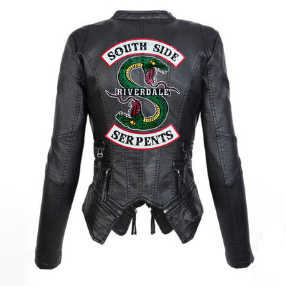 Women PU Leather Zipper Short Jacket Coat with Print