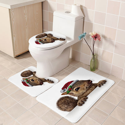 3D Animal Print Shower Curtain Bathroom Rug Set Bath Mat Non-Slip Toilet Lid Cover
