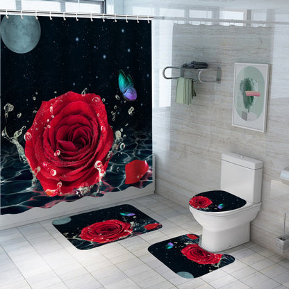 Red Rose&Butterfly Shower Curtain Sets Rug & Mat Non-Slip Toilet Lid Cover