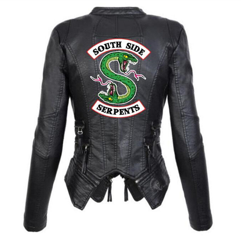 Women PU Leather Zipper Short Jacket Coat with Print