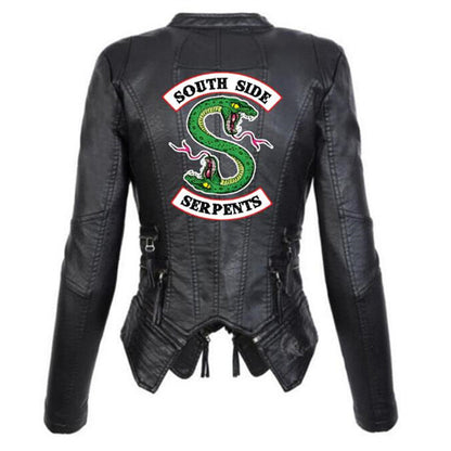 Women PU Leather Zipper Short Jacket Coat with Print