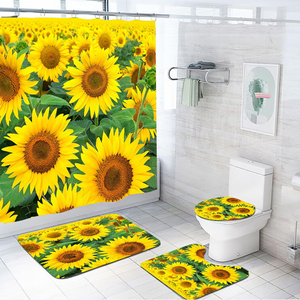 3D Sunflower Shower Curtain Set Bathroom Rug Bath Mat Non-Slip Toilet Lid Cover