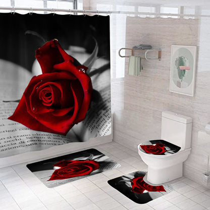 Rose Red Valentine's Day Bathroom Shower Curtain Sets with Rug
