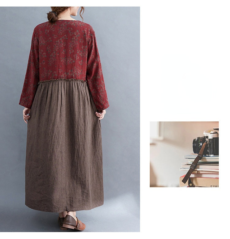 Vintage V Neck Flower Designed Slim Waist Long Maxi Dresses