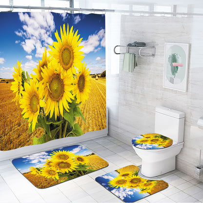 3D Sunflower Shower Curtain Set Bathroom Rug Bath Mat Non-Slip Toilet Lid Cover