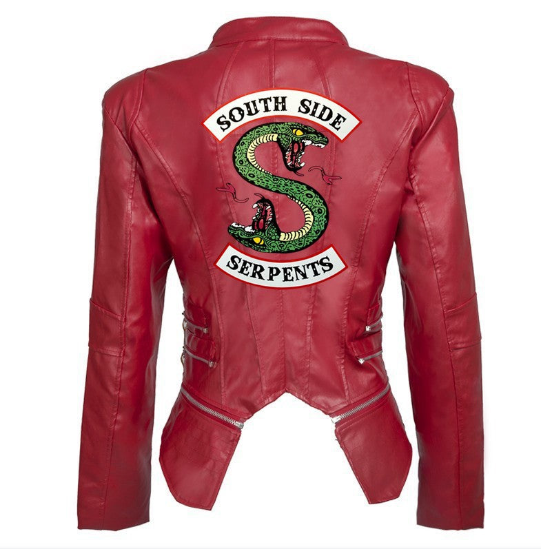 Women PU Leather Zipper Short Jacket Coat with Print
