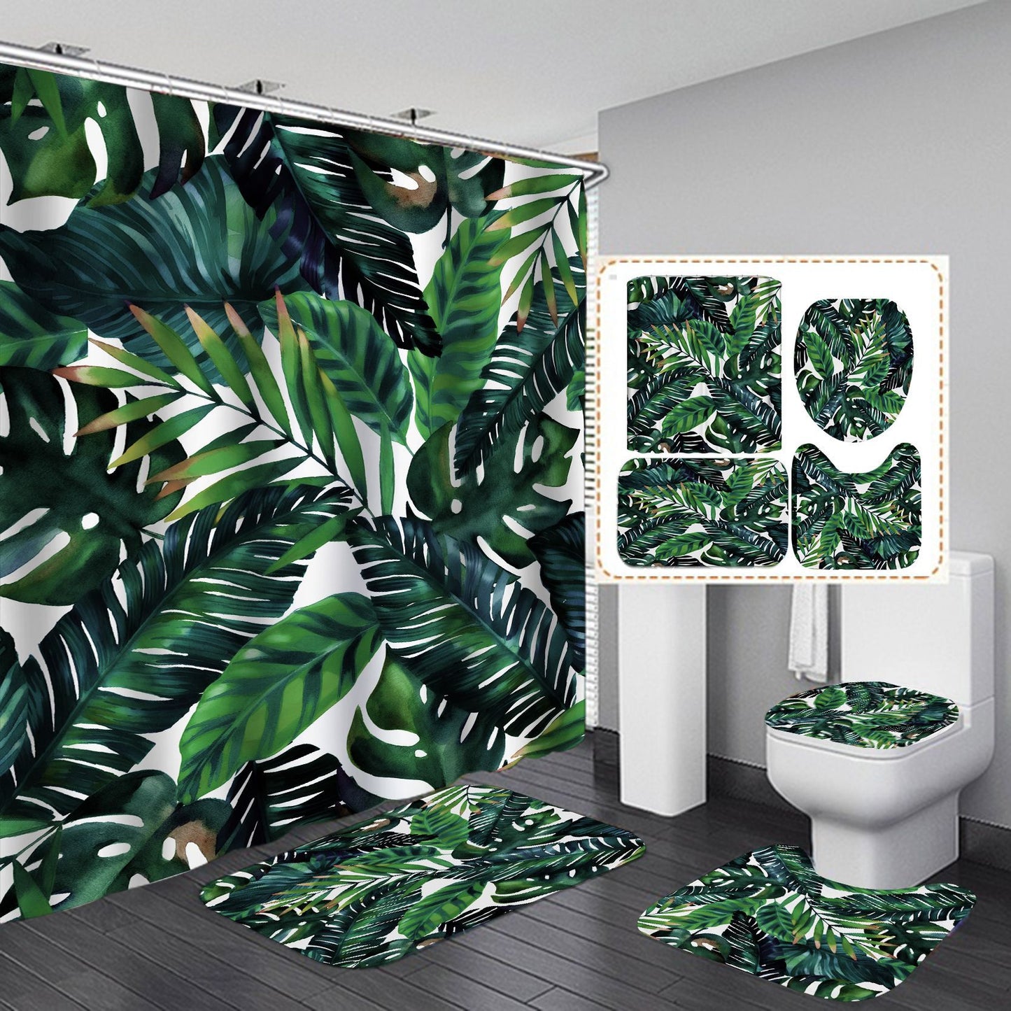 3D Palm Tree Shower Curtain Set Bathroom Rug Bath Mat Non-Slip Toilet Lid Cover