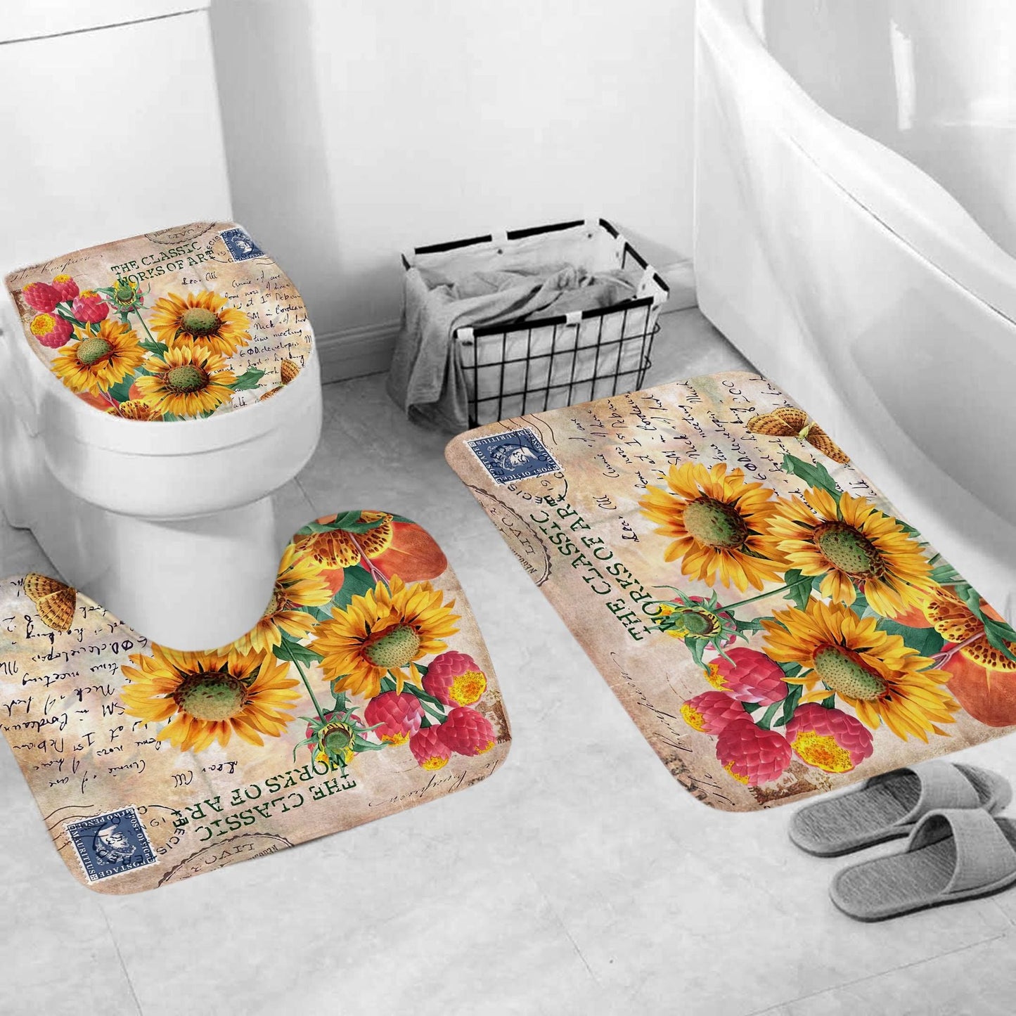 Vintage Sunflowers Shower Curtain Sets Rug & Mat Non-Slip Toilet Lid Cover
