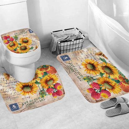 Vintage Sunflowers Shower Curtain Sets Rug & Mat Non-Slip Toilet Lid Cover