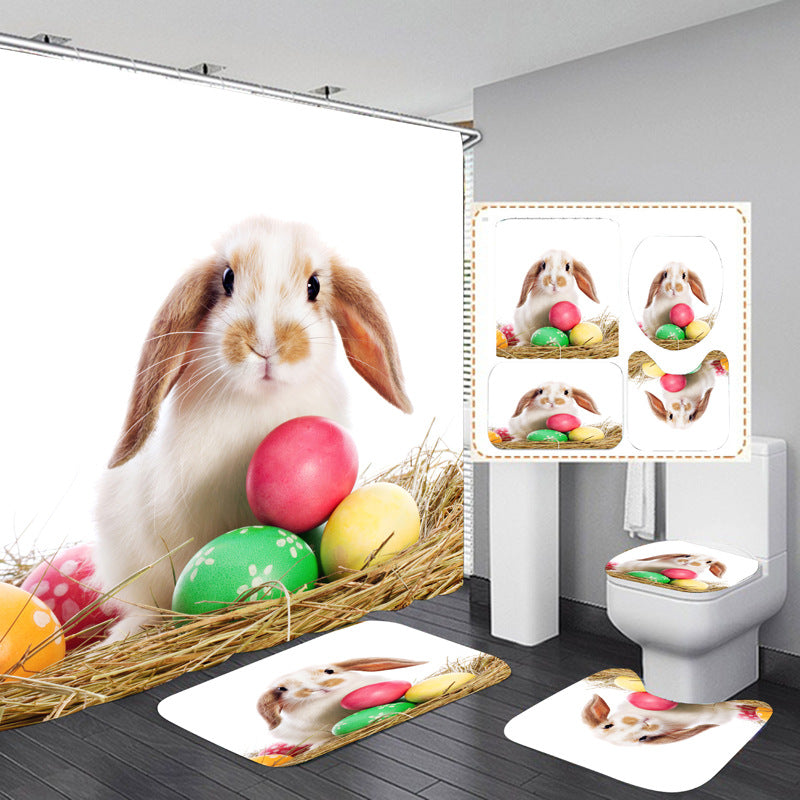 Colorful Animal Designed Shower Curtain Set Bathroom Rug Bath Mat Non-Slip Toilet Lid Cover