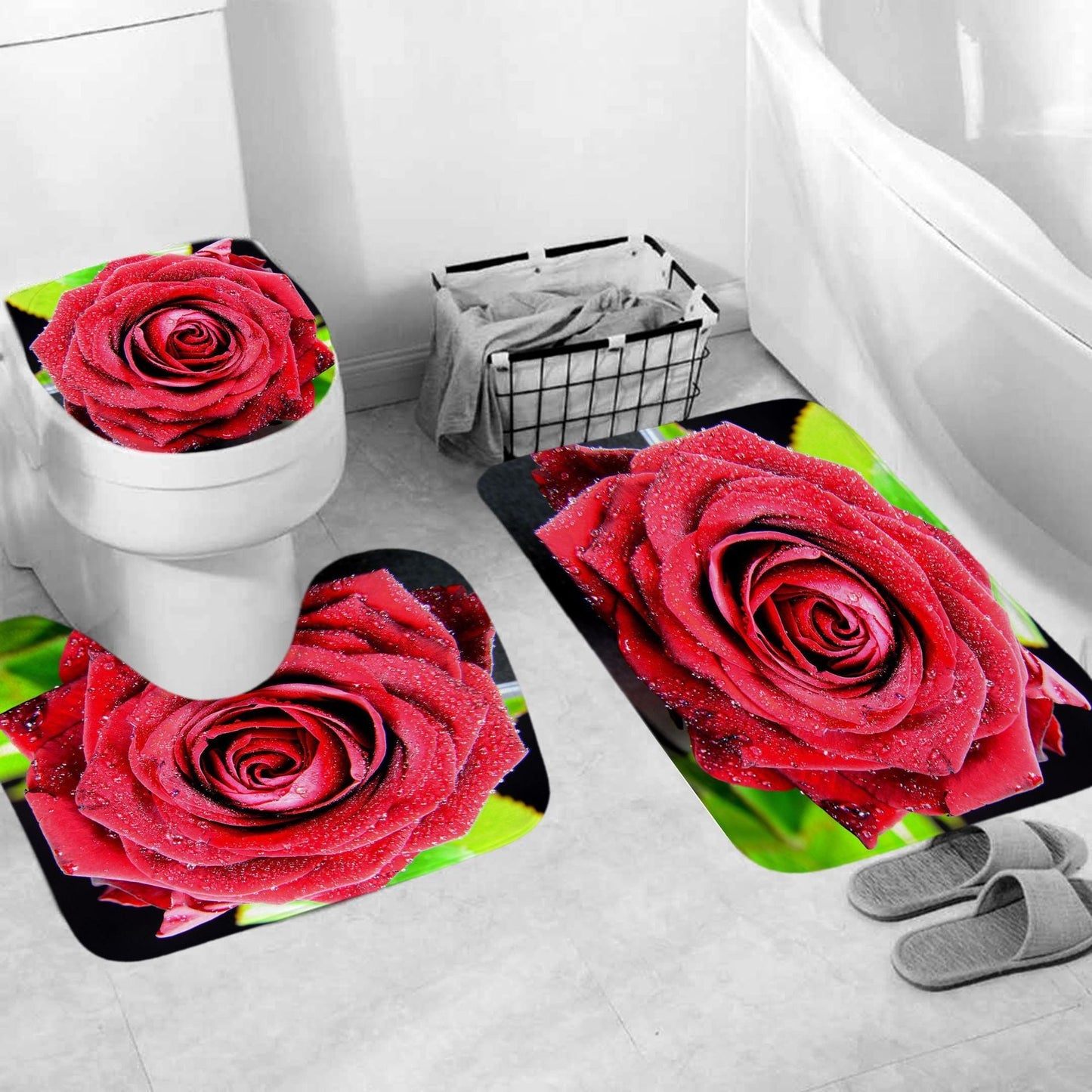 Red Rose&Butterfly Shower Curtain Sets Rug & Mat Non-Slip Toilet Lid Cover