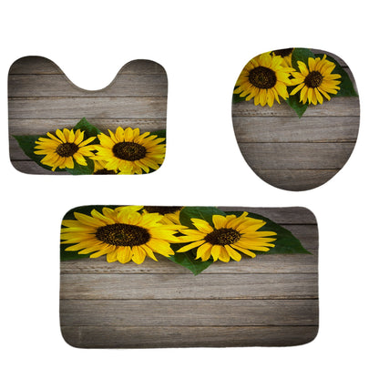 Vintage Sunflowers Shower Curtain Sets Rug & Mat Non-Slip Toilet Lid Cover