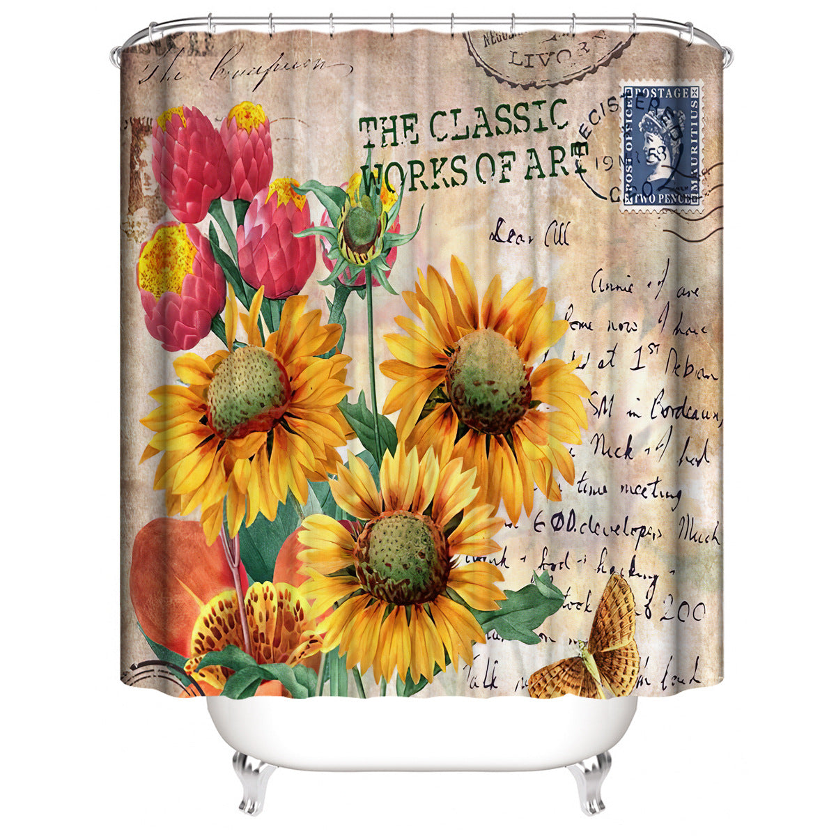 Vintage Sunflowers Shower Curtain Sets Rug & Mat Non-Slip Toilet Lid Cover