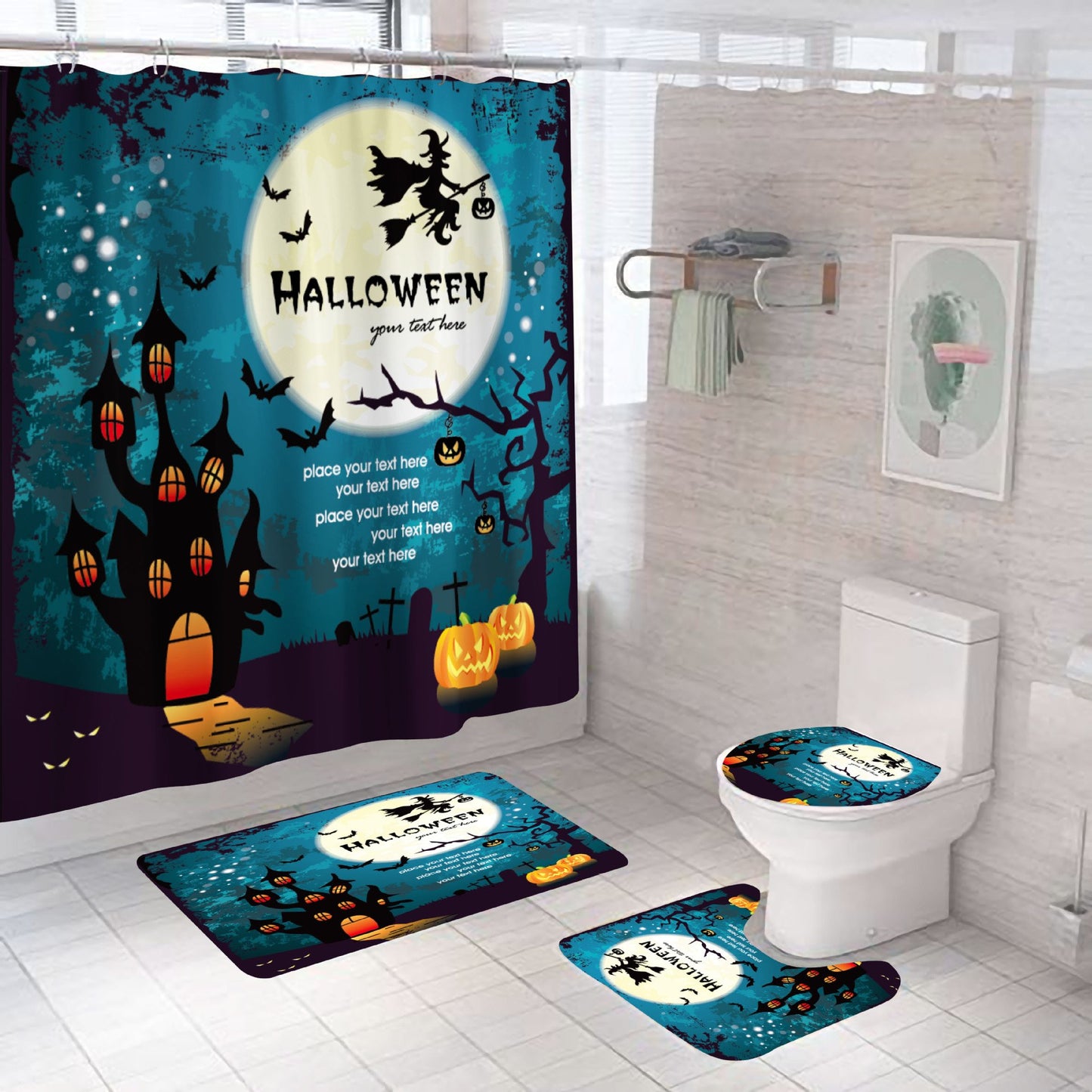 Happy Halloween Shower Curtain Bathroom Rug Set Bath Mat Non-Slip Toilet Lid Cover-STYLEGOING
