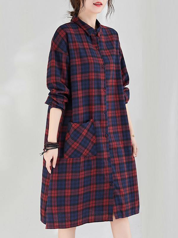 Original Plaid Lapel Shirt Dress-STYLEGOING