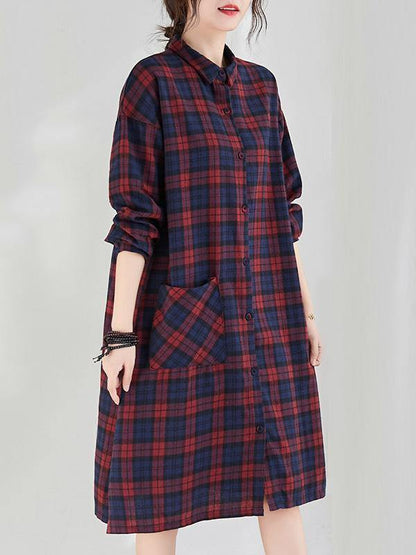 Original Plaid Lapel Shirt Dress-STYLEGOING