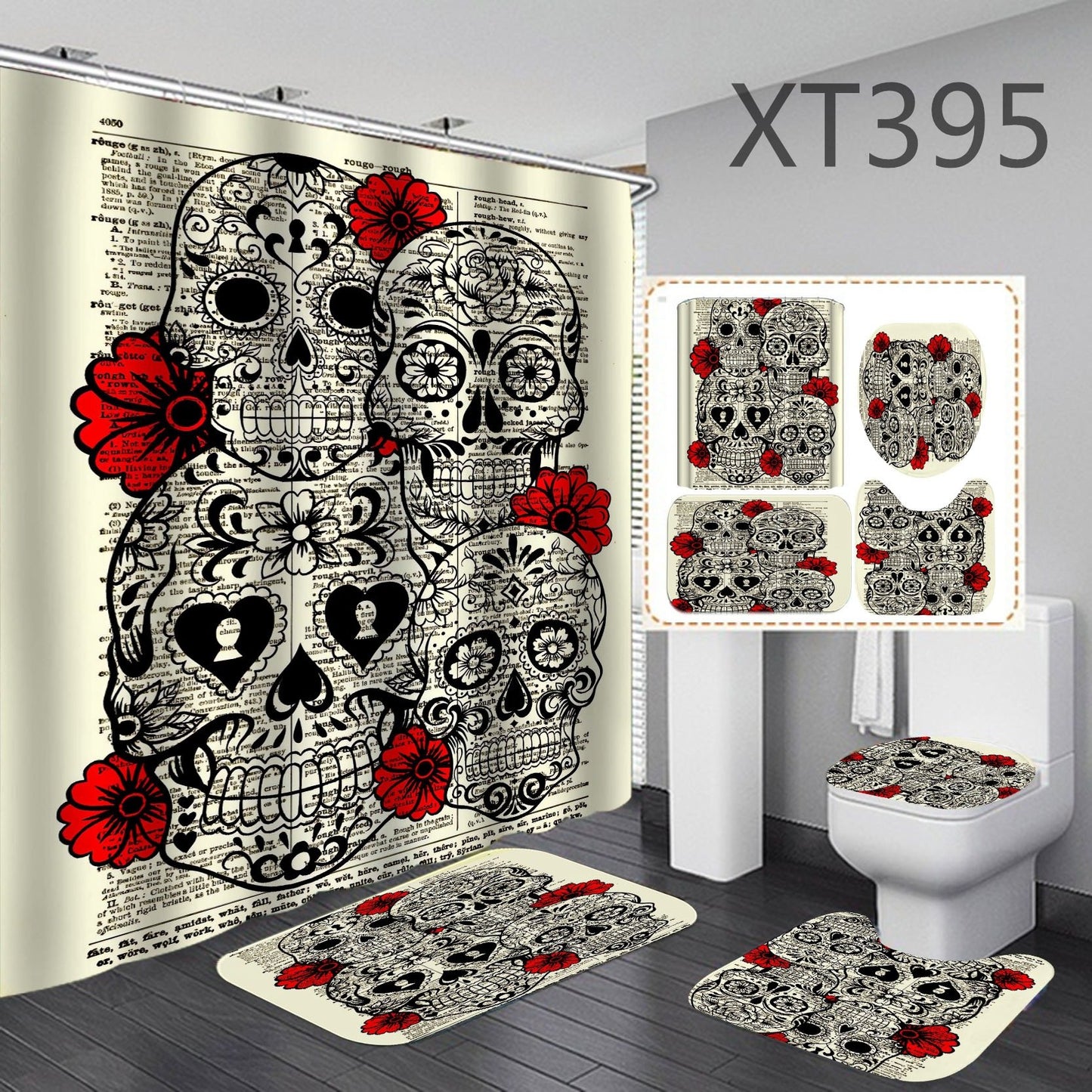 Halloween Skeleton Shower Curtain Bathroom Rug Set Bath Mat Non-Slip Toilet Lid Cover-STYLEGOING