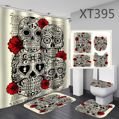 Halloween Skeleton Shower Curtain Bathroom Rug Set Bath Mat Non-Slip Toilet Lid Cover-STYLEGOING