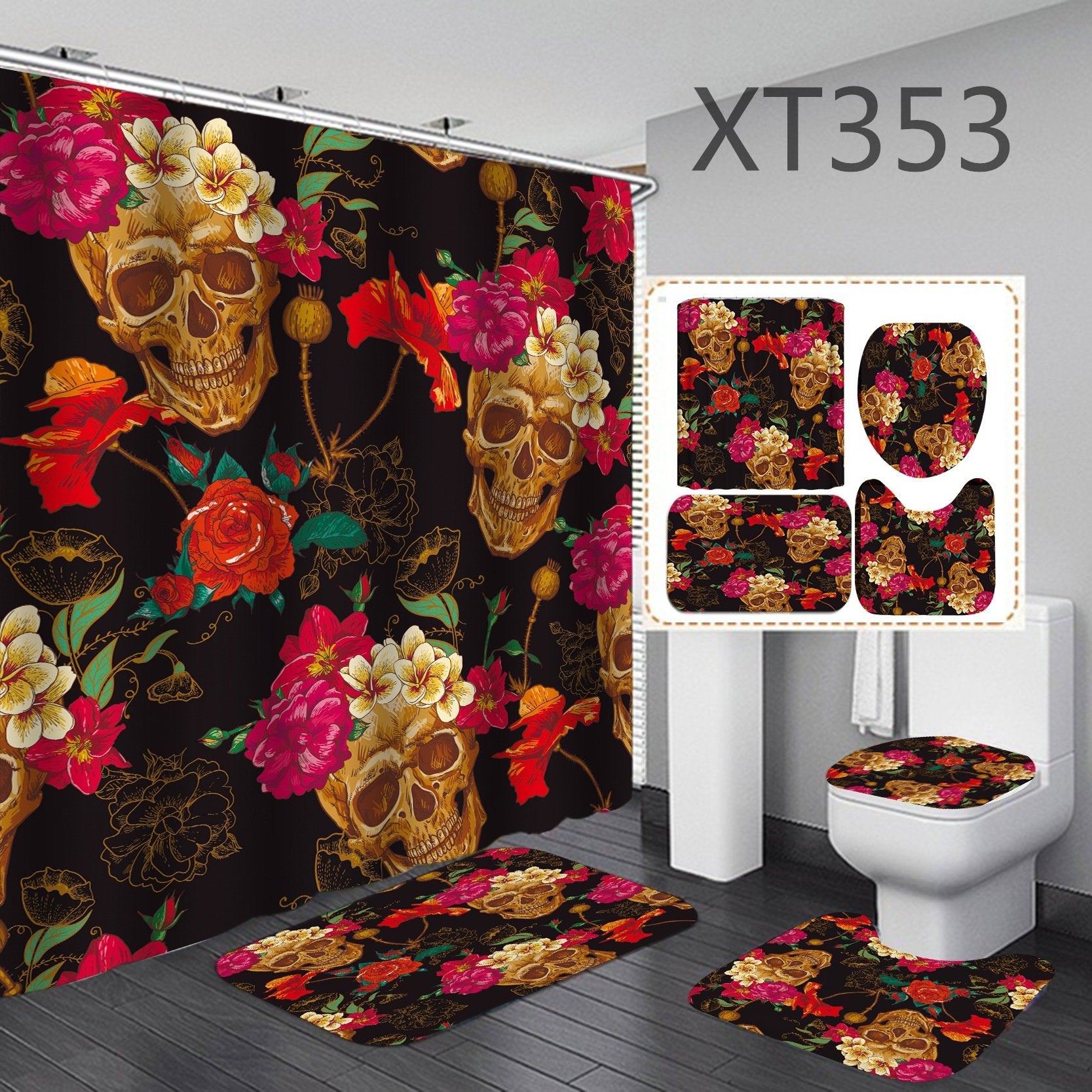 Flower Skeleton Shower Curtain Bathroom Rug Set Bath Mat Non-Slip Toilet Lid Cover-STYLEGOING