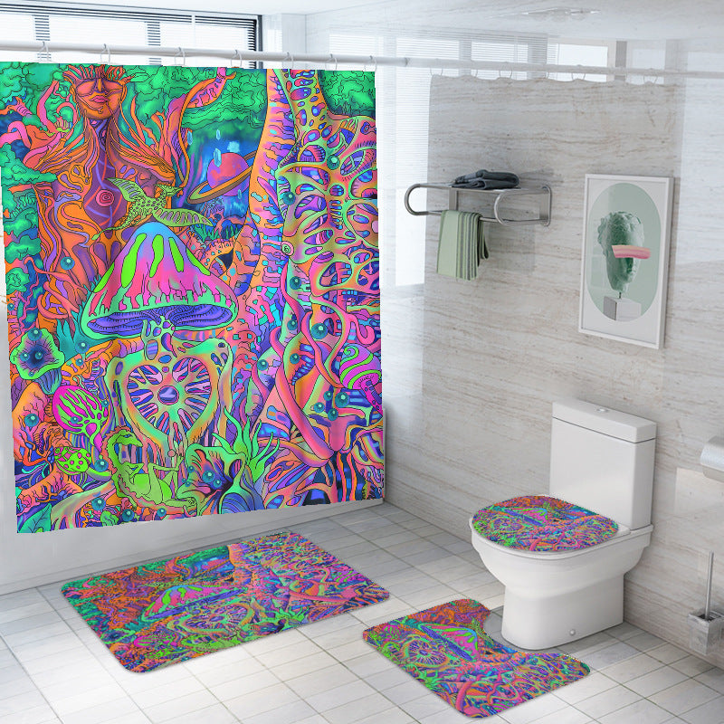 Red Rose&Butterfly Shower Curtain Sets Rug & Mat Non-Slip Toilet Lid Cover