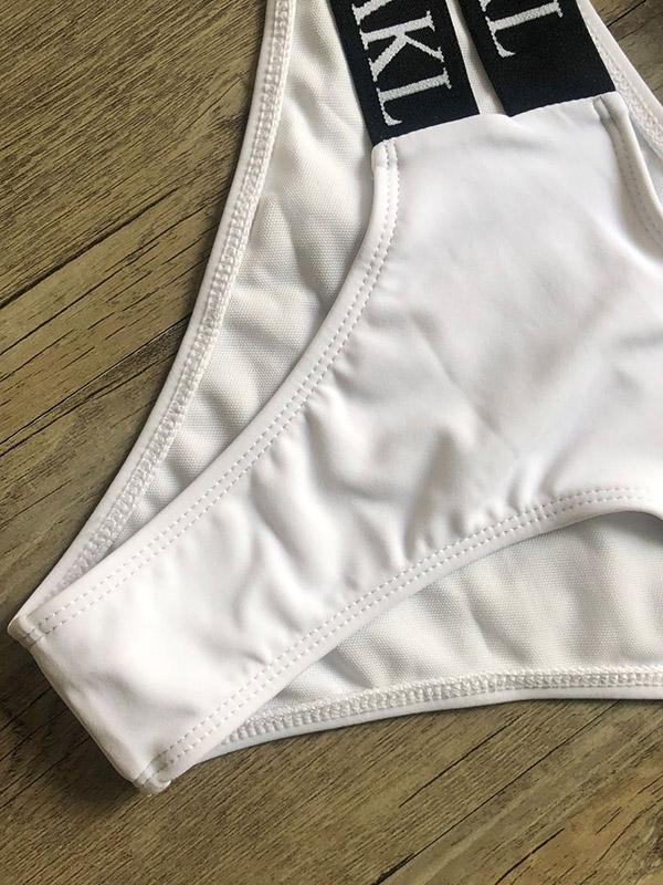 Letter Print Gathered Bikini Swimsuit-STYLEGOING