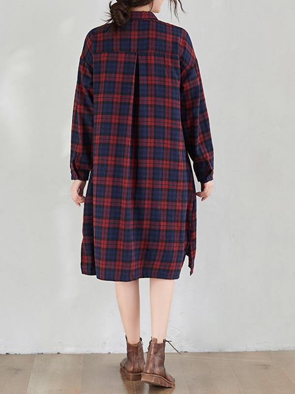 Original Plaid Lapel Shirt Dress-STYLEGOING