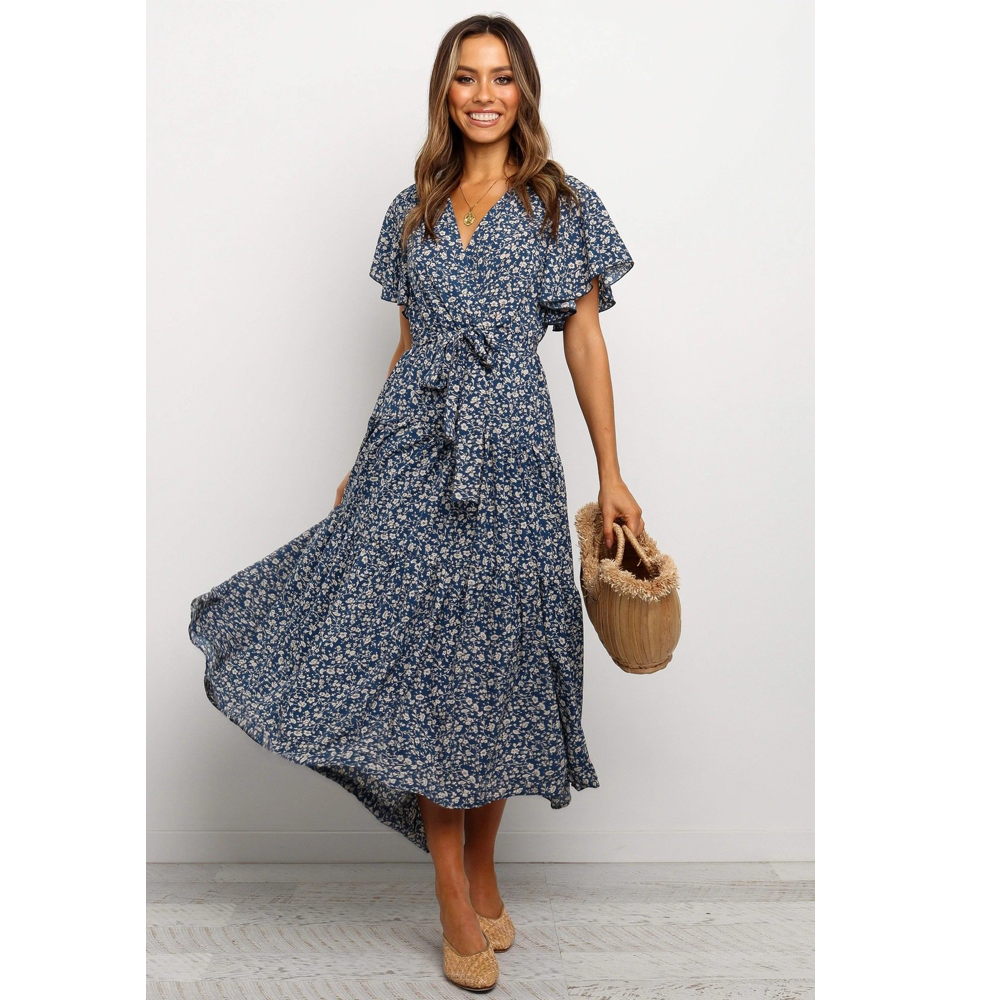 Women Short Sleeves V Neck Midi Dresses-STYLEGOING