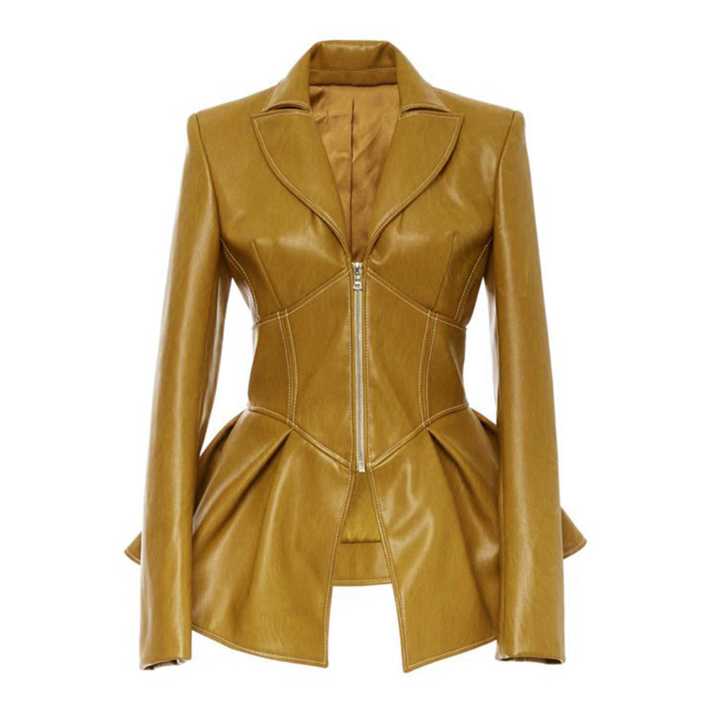 Women PU Leather Skirt Style Jacket Overcoat