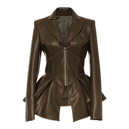 Women PU Leather Skirt Style Jacket Overcoat