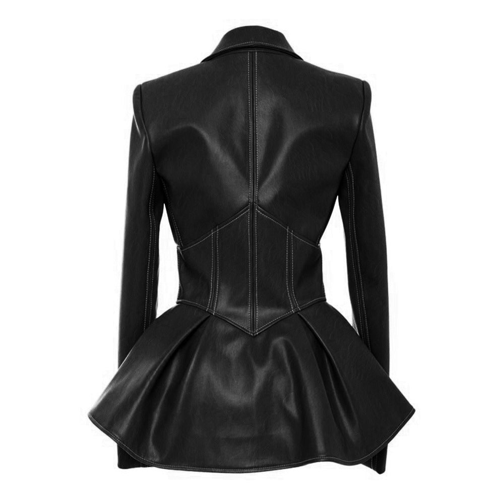 Women PU Leather Skirt Style Jacket Overcoat