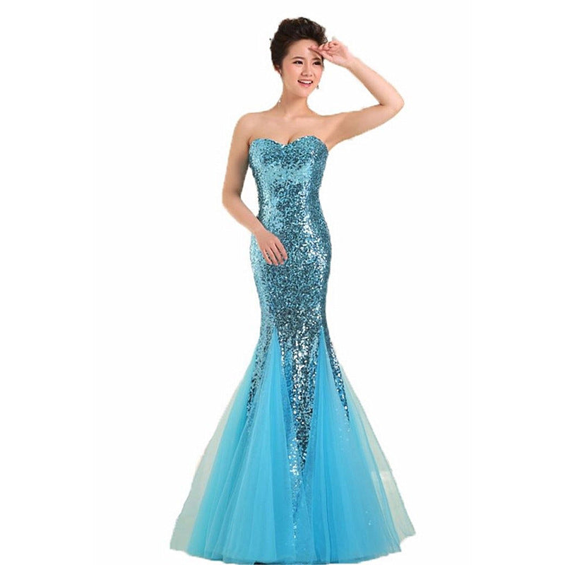 Women Strapless Sequined Sexy Mermaid Long Evening Dresses