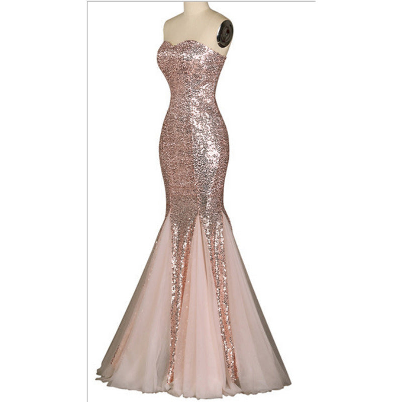 Women Strapless Sequined Sexy Mermaid Long Evening Dresses