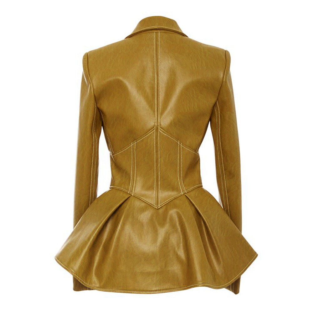 Women PU Leather Skirt Style Jacket Overcoat