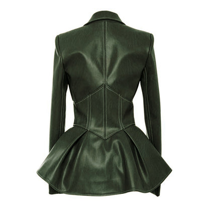Women PU Leather Skirt Style Jacket Overcoat