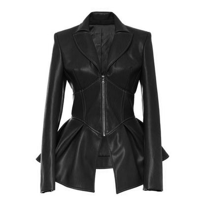 Women PU Leather Skirt Style Jacket Overcoat