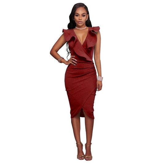 Sexy V-neck Ruffled Sleeveless Sheath Dresses-STYLEGOING