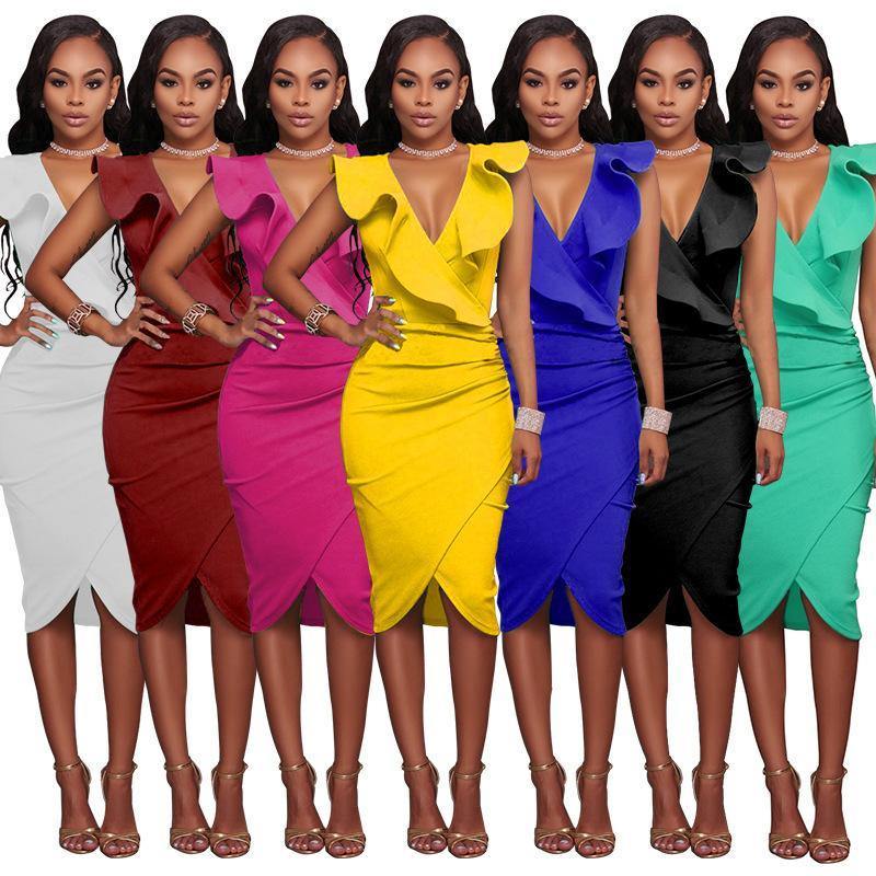 Sexy V-neck Ruffled Sleeveless Sheath Dresses-STYLEGOING