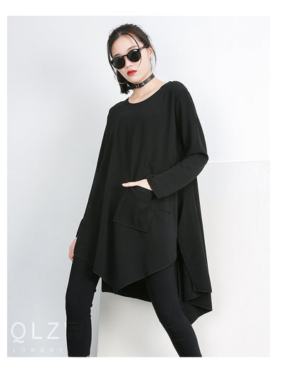 Black Round Neck Irregular Women Long Sleeves T Shirts