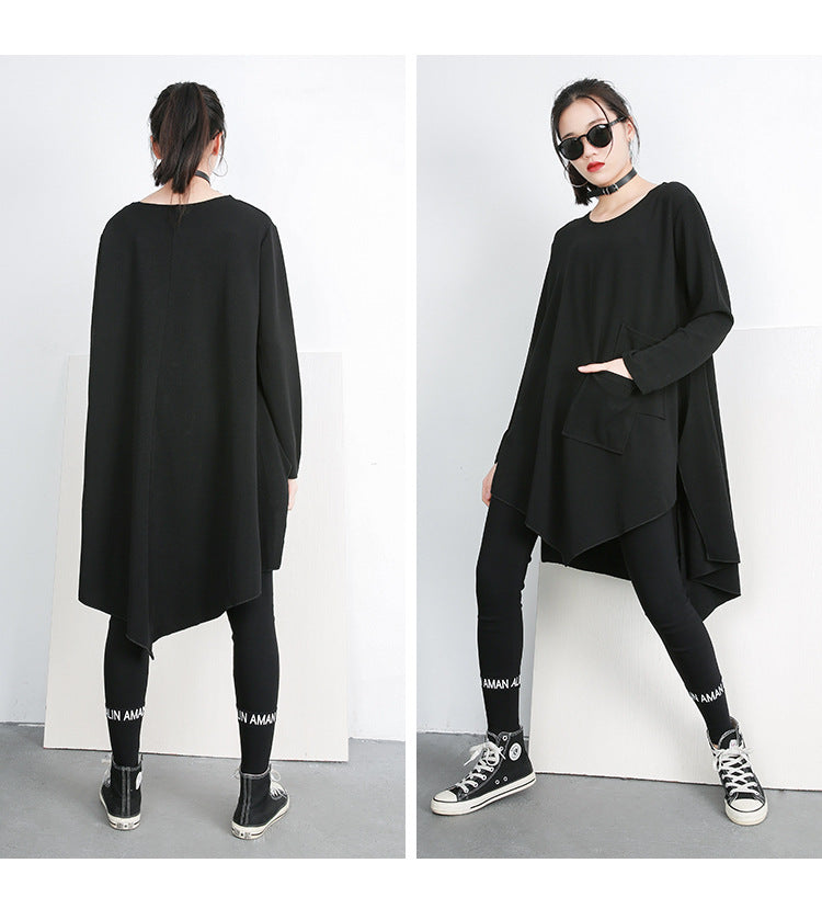 Black Round Neck Irregular Women Long Sleeves T Shirts