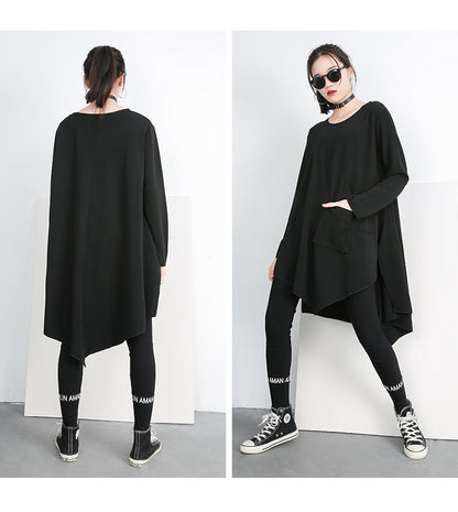 Black Round Neck Irregular Women Long Sleeves T Shirts