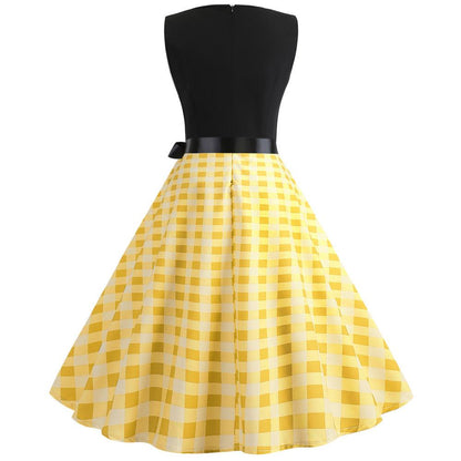 Plaid Print Sleeveless Belt Vintage Dresses-STYLEGOING