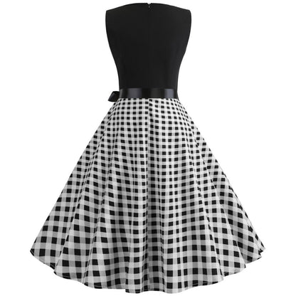 Plaid Print Sleeveless Belt Vintage Dresses-STYLEGOING