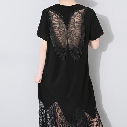 Women Hollow Out Angel Wings Lace Short Sleeves Dresses