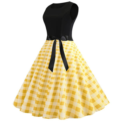 Plaid Print Sleeveless Belt Vintage Dresses-STYLEGOING